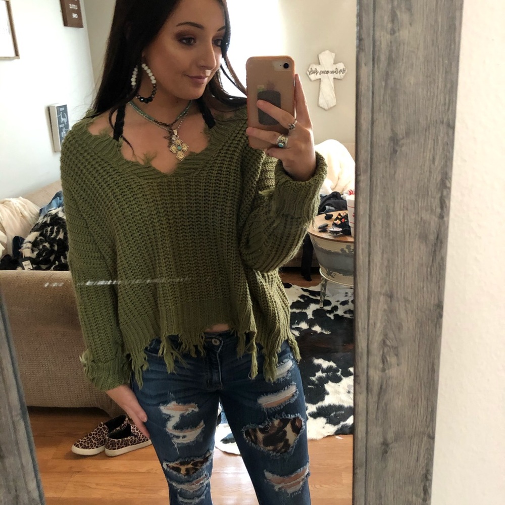 Olive green distressed cropped sweater